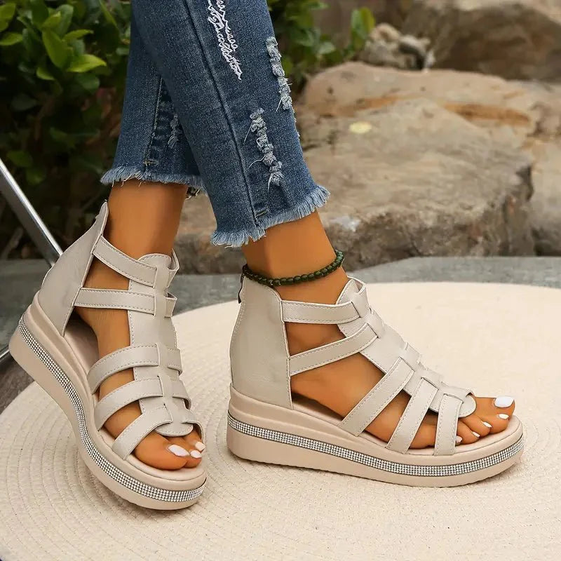 Embellished Gladiator Platform Wedge Sandals With Back Zip
