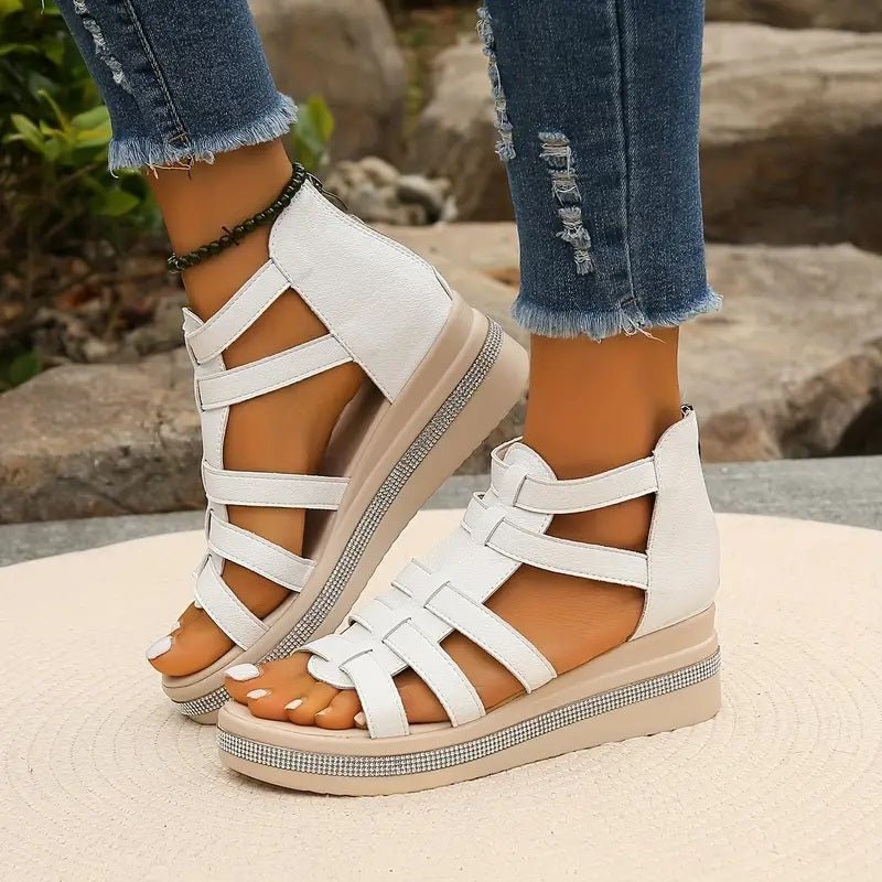Embellished Gladiator Platform Wedge Sandals With Back Zip
