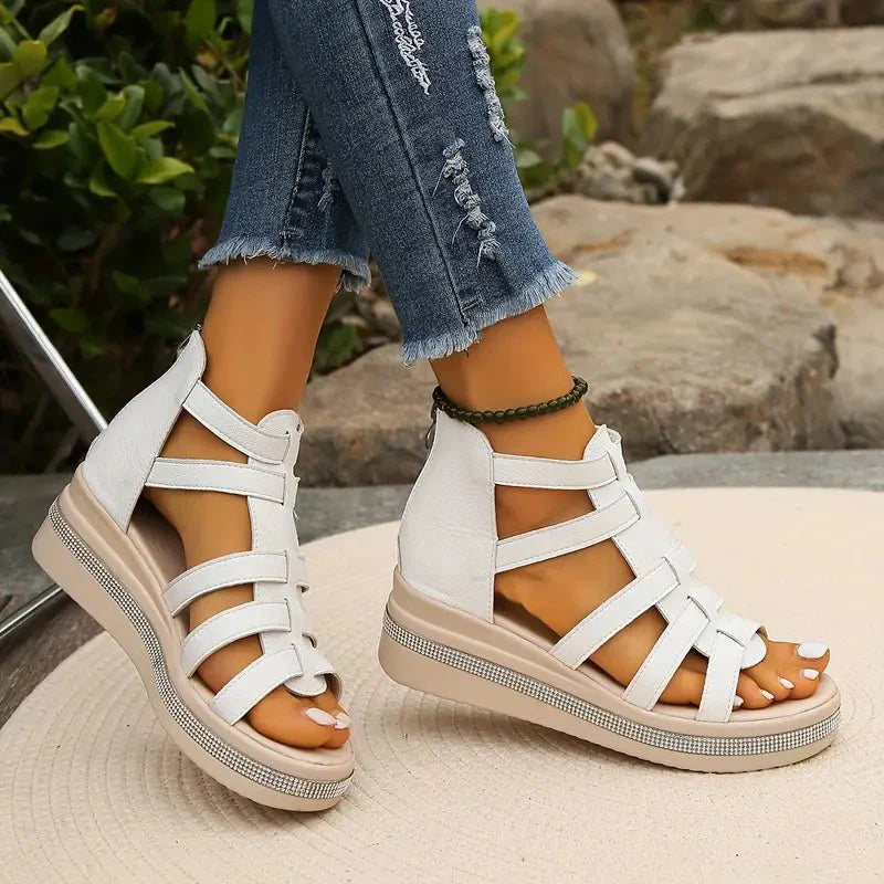 Embellished Gladiator Platform Wedge Sandals With Back Zip