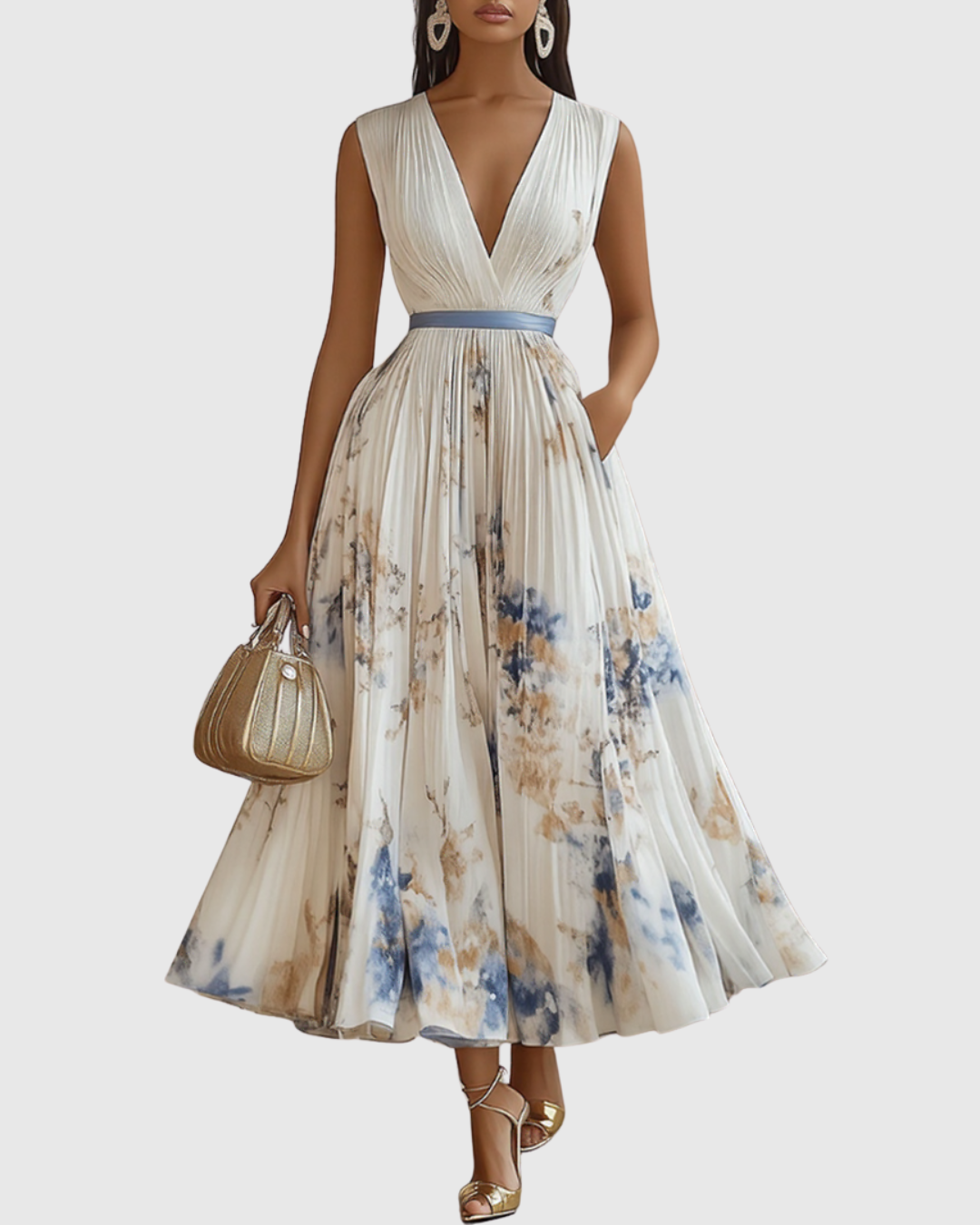 Sleeveless Floral Pleated Midi Dress