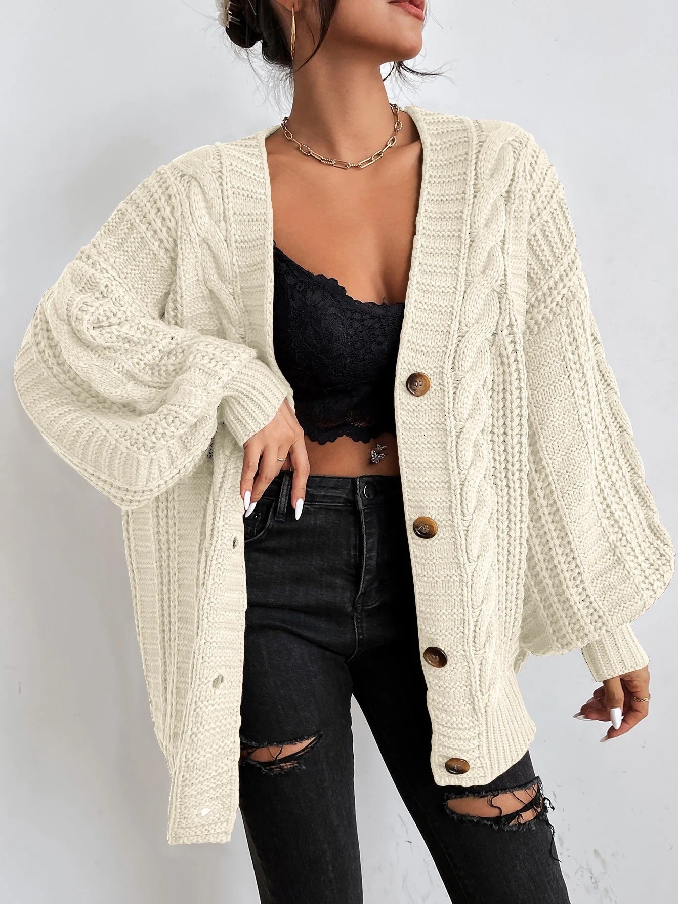 Cable Knit Balloon Sleeve Button-Front Cardigan