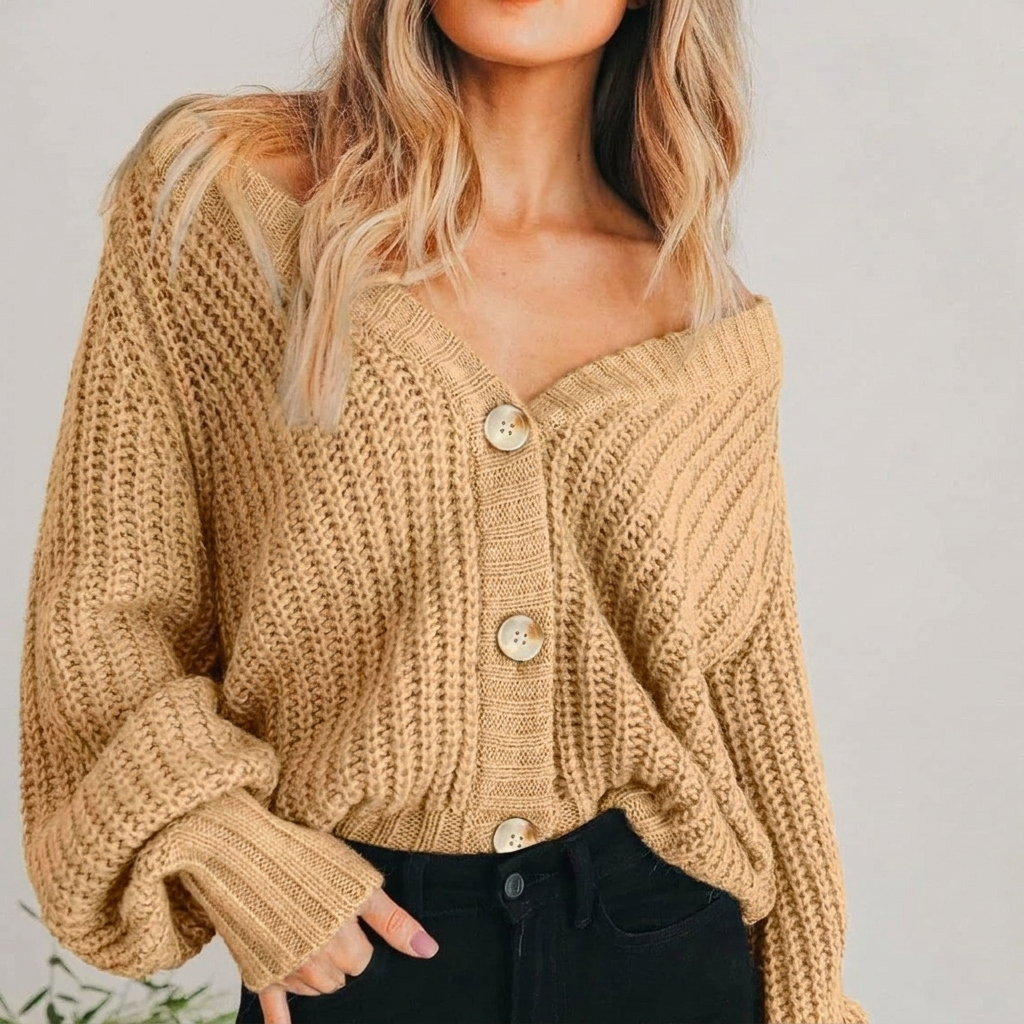 Chunky Knit Balloon Sleeve V-Neck Cardigan