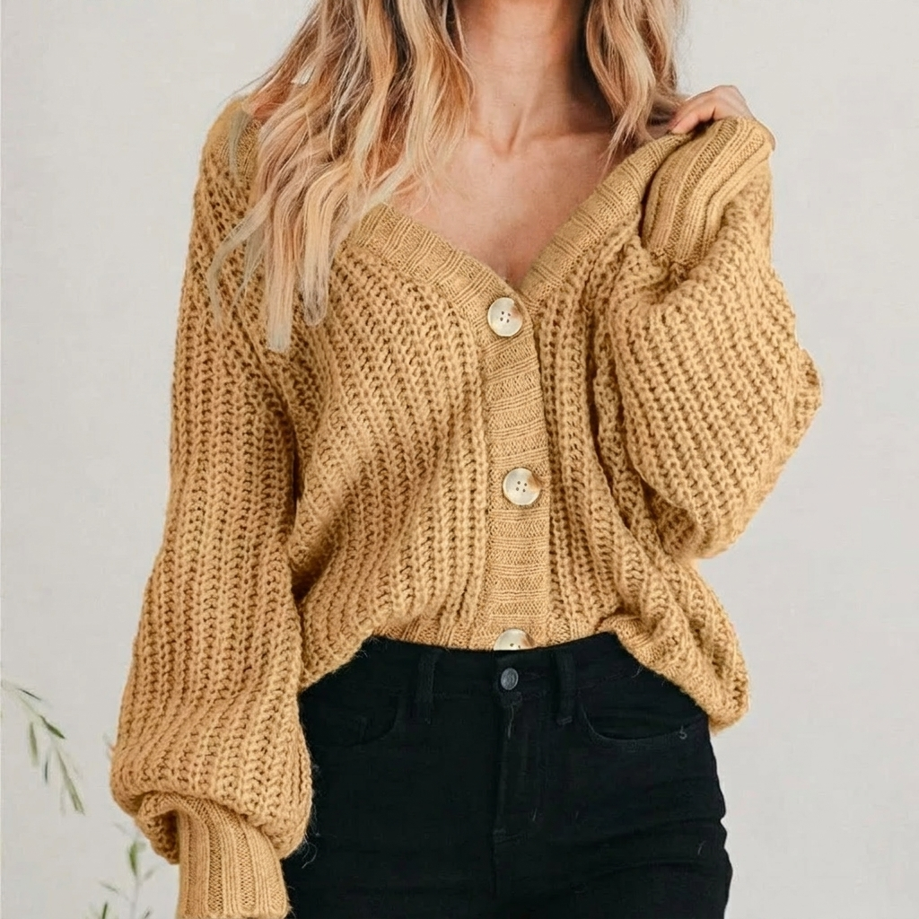 Chunky Knit Balloon Sleeve V-Neck Cardigan
