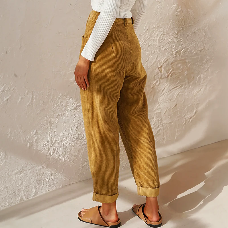 High Waist Pleated Wide Leg Corduroy Pants