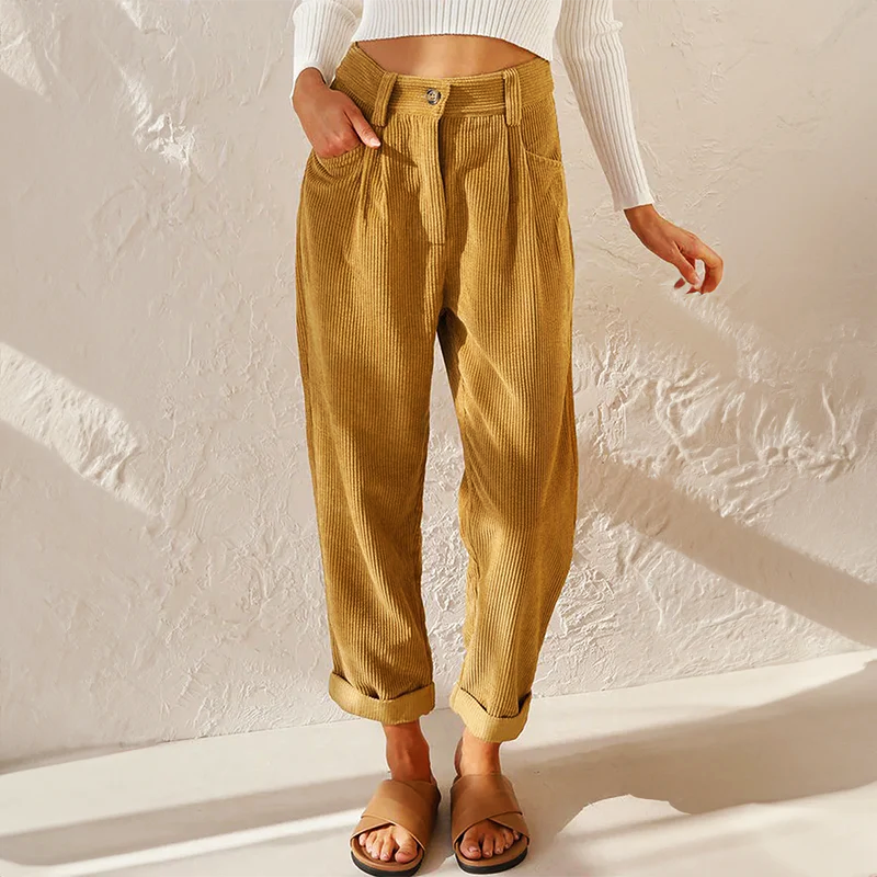 High Waist Pleated Wide Leg Corduroy Pants