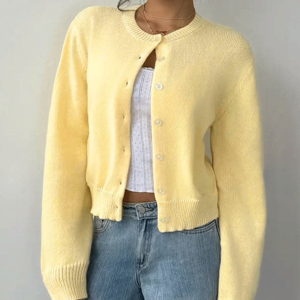 Cropped Ribbed Trim Button-Up Cardigan