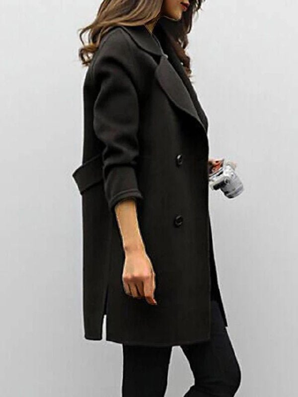 Double-Breasted Long Trench Coat with Wide Lapel