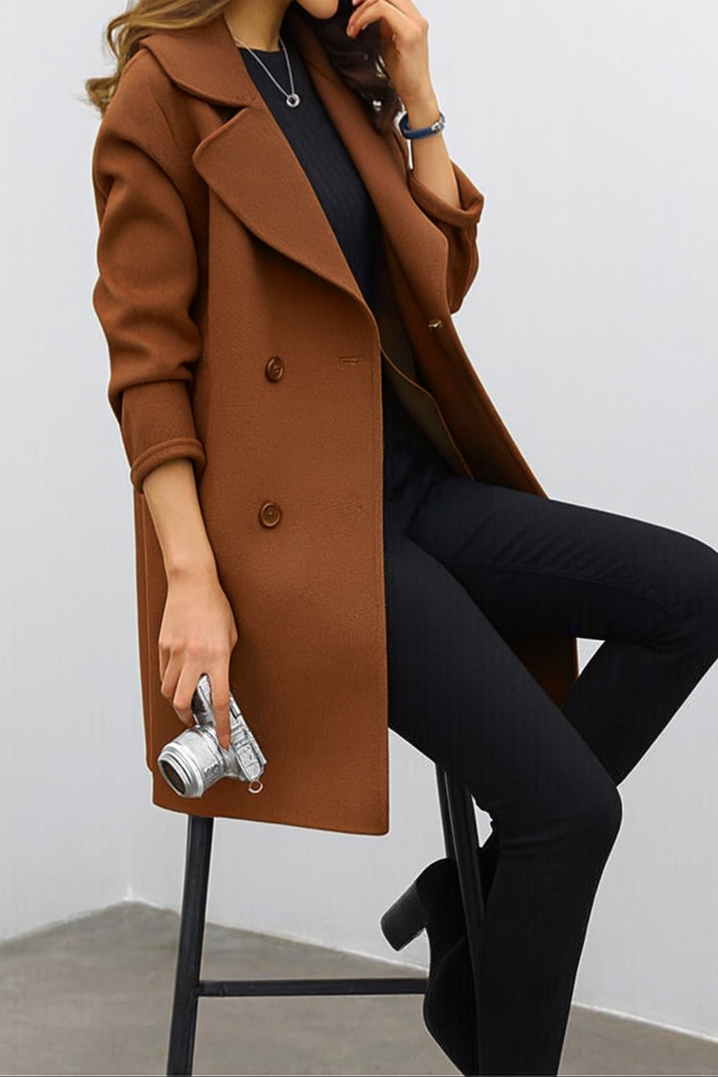 Double-Breasted Long Trench Coat with Wide Lapel