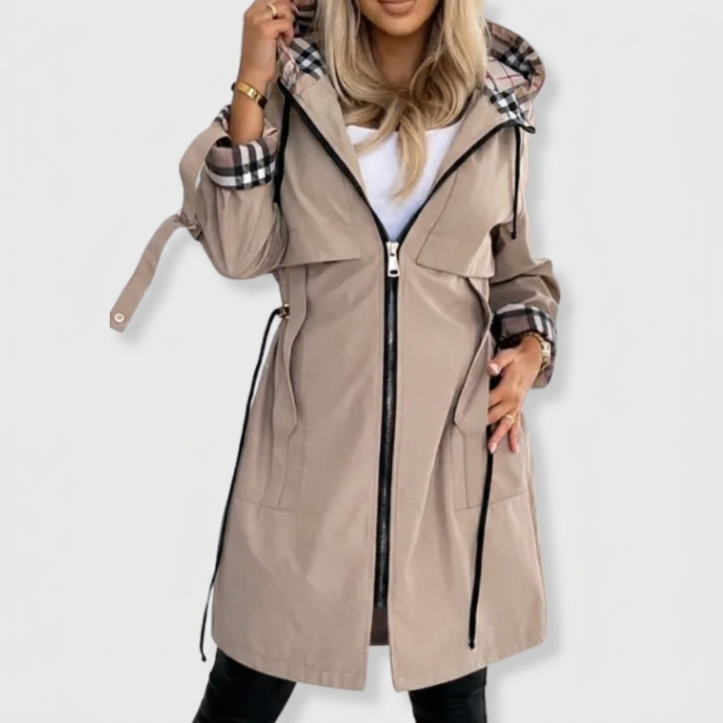 Plaid-Lined Hooded Rain Jacket