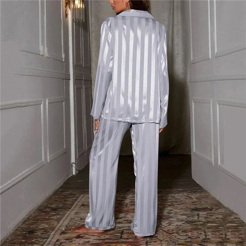 Notched Collar Striped Pajama Set