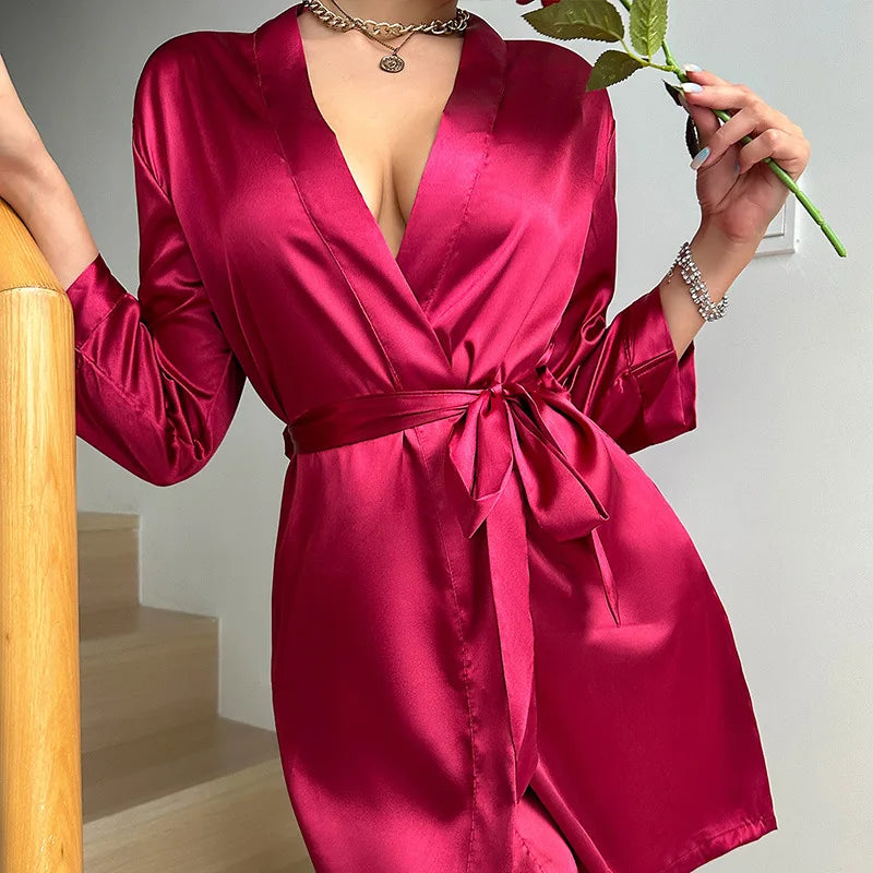V-Neck Wrap Tie Belted Mini Kimono