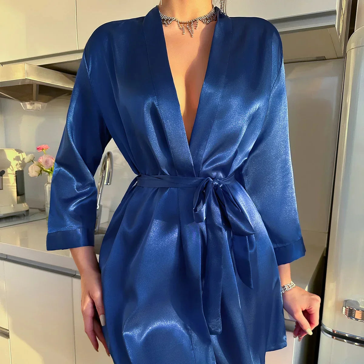 V-Neck Wrap Tie Belted Mini Kimono