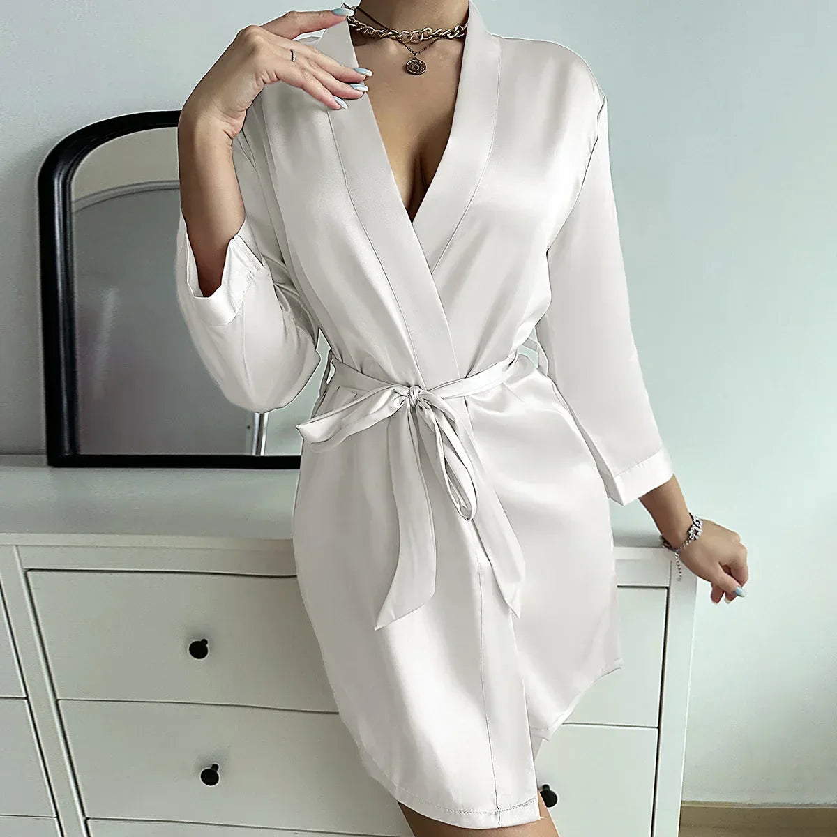 V-Neck Wrap Tie Belted Mini Kimono