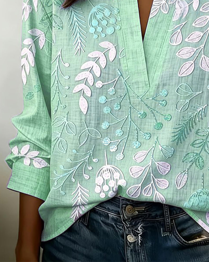 Floral Print V-Neck Blouse with Short Sleeves