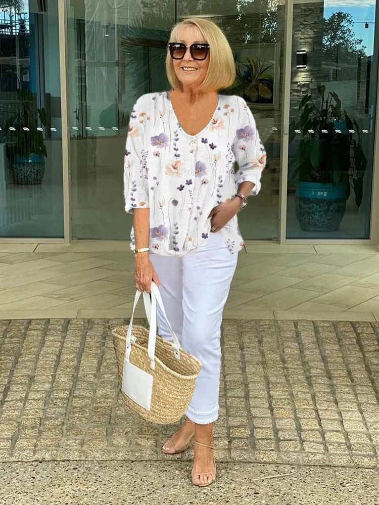 Printed V-Neck Three-Quarter Sleeve Button Blouse