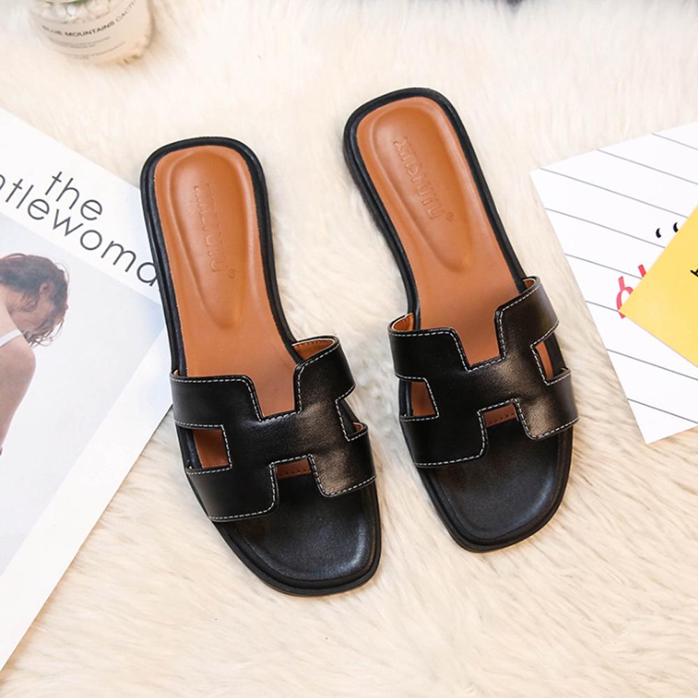 Leather H-Strap Low Heel Slip-On Sandal