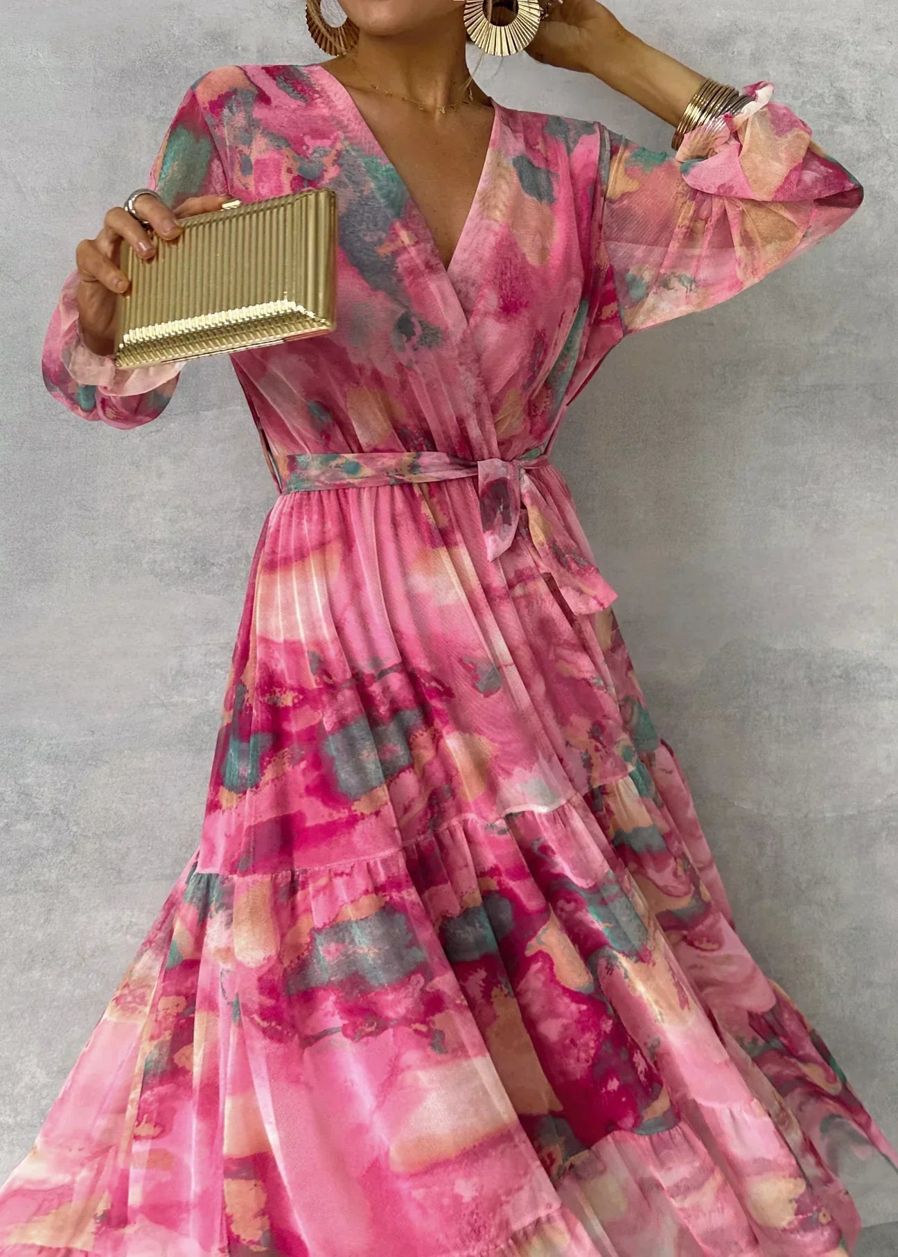 Floral Maxi Wrap Dress with Long Sleeves