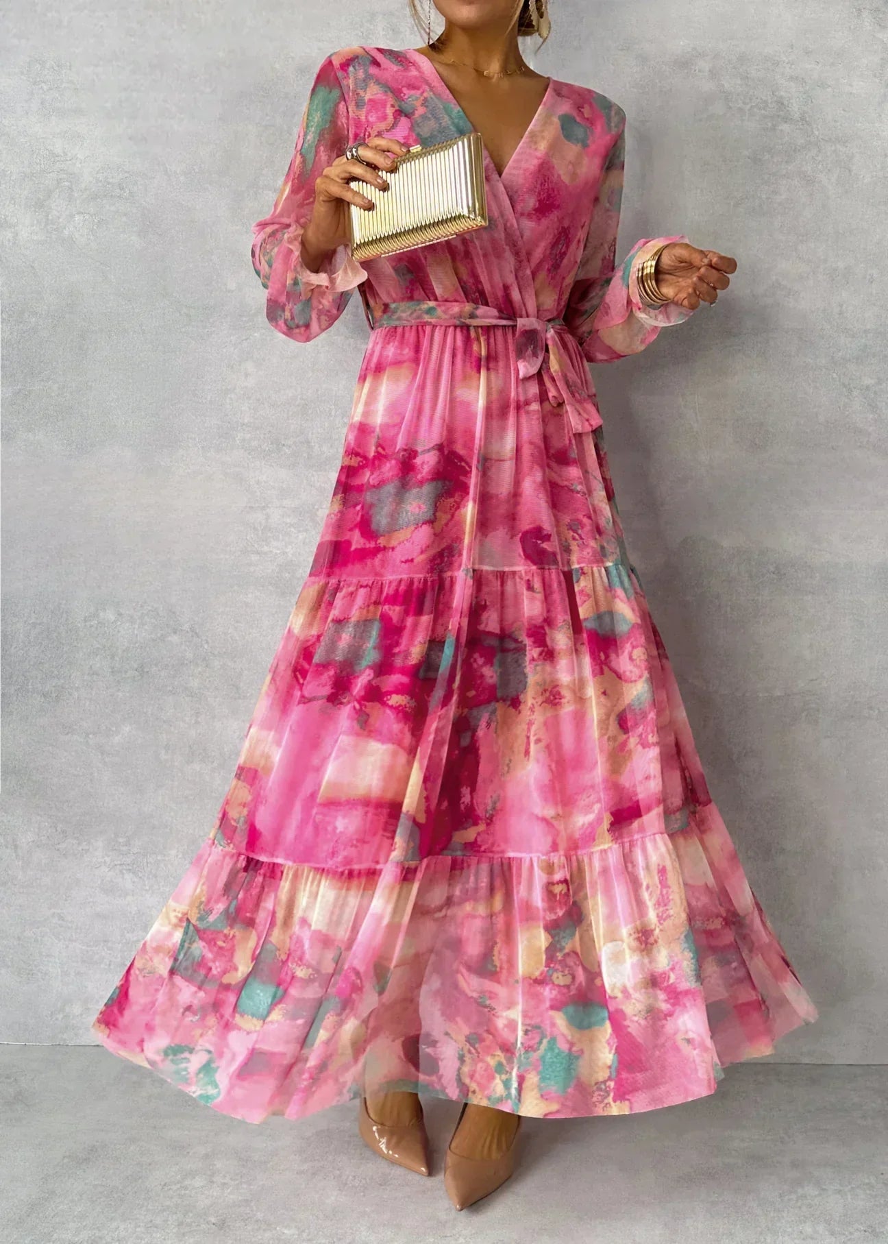 Floral Maxi Wrap Dress with Long Sleeves