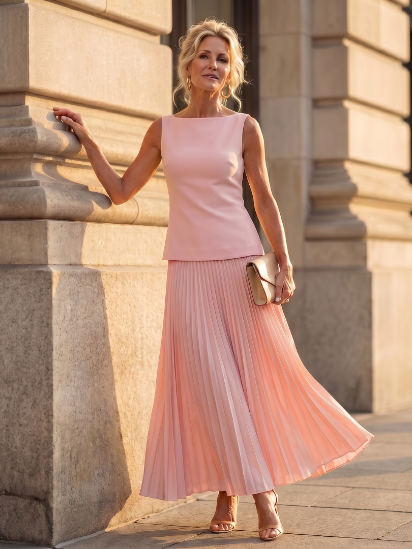 Structured Bodice Pleated Maxi Skirt Two Piece Set