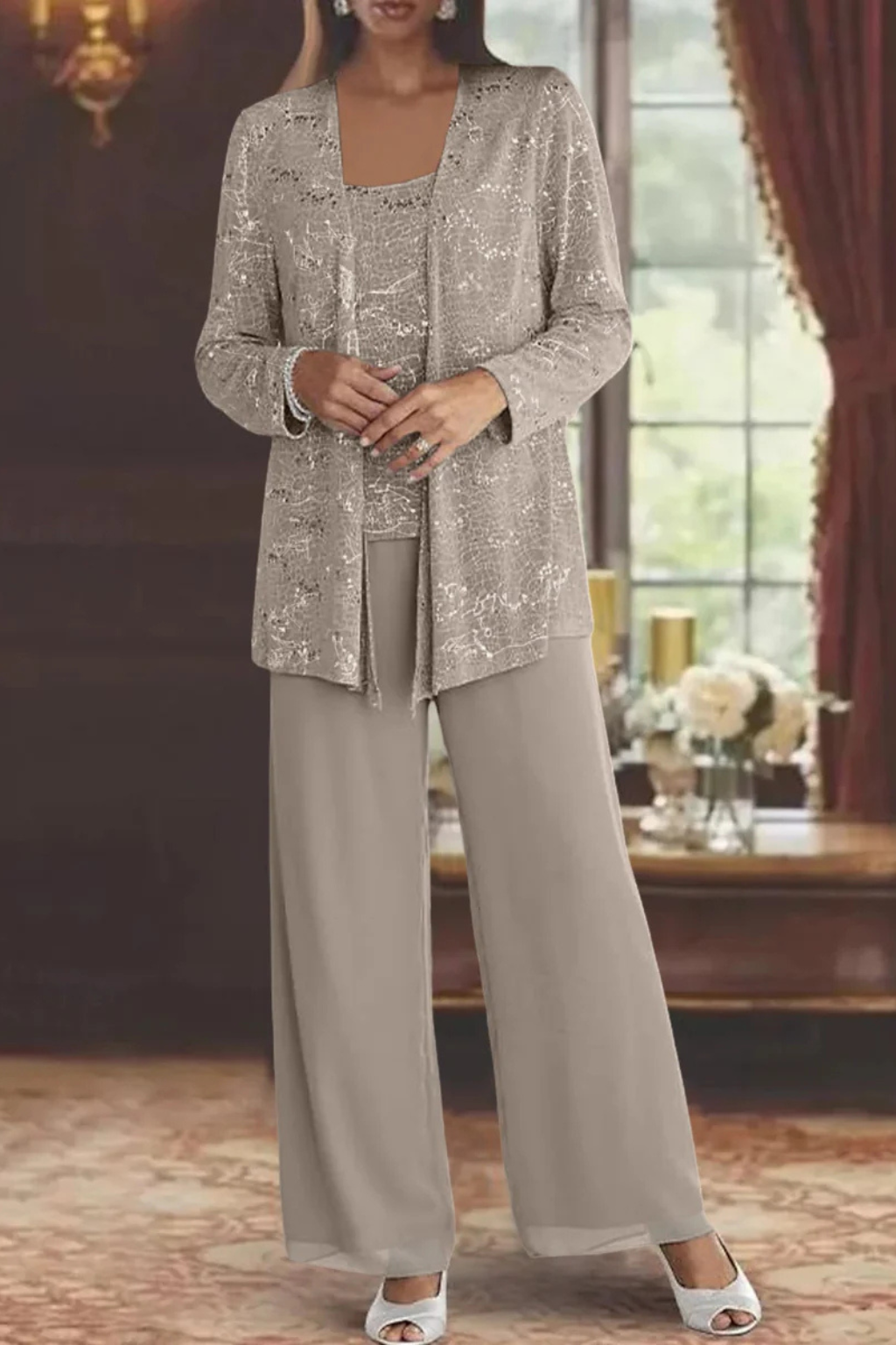 Three-Piece Formal Evening Set with Flowing Silhouette