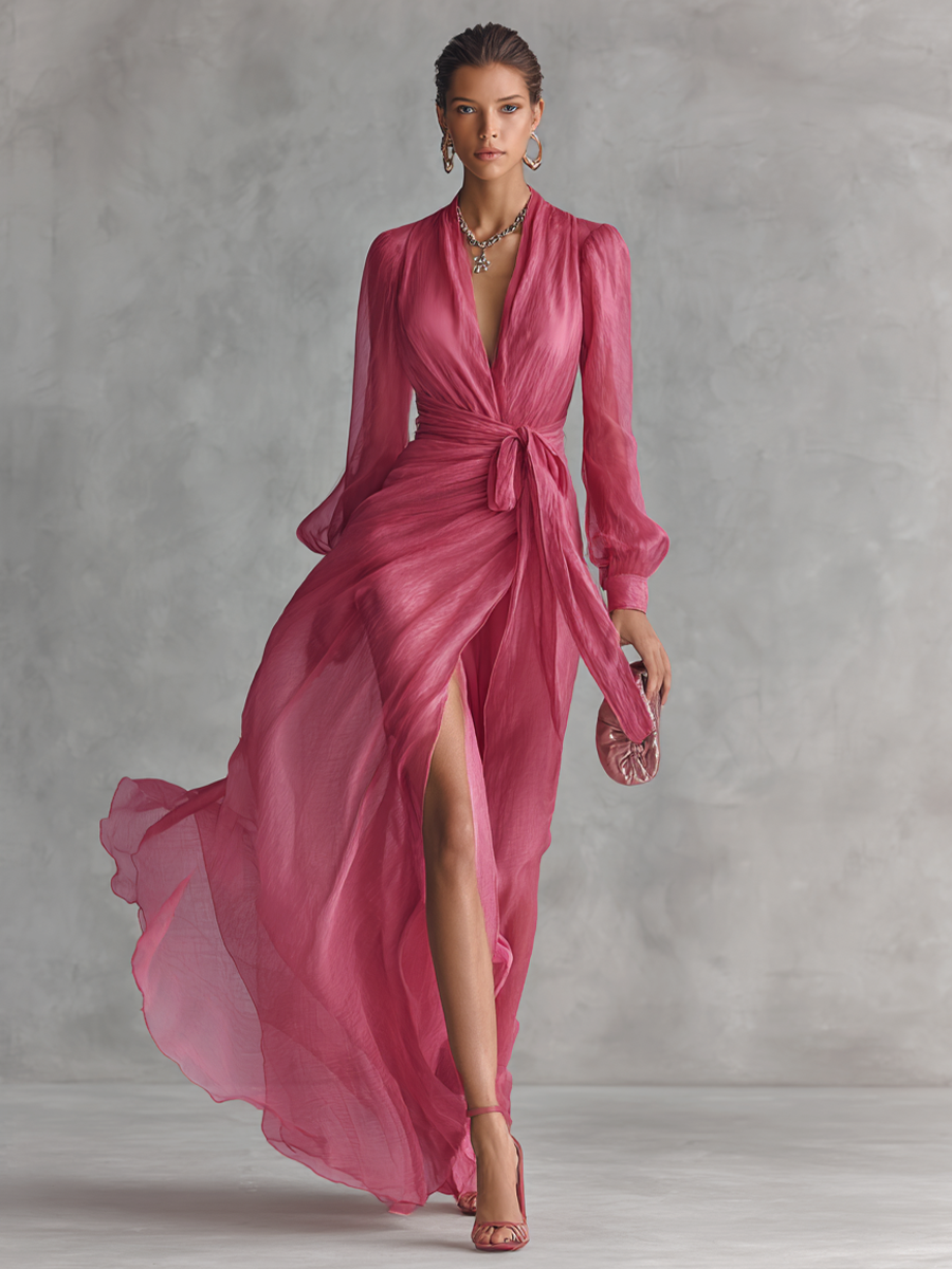 Pearl Chiffon V-Neck Tie-Waist Maxi Dress