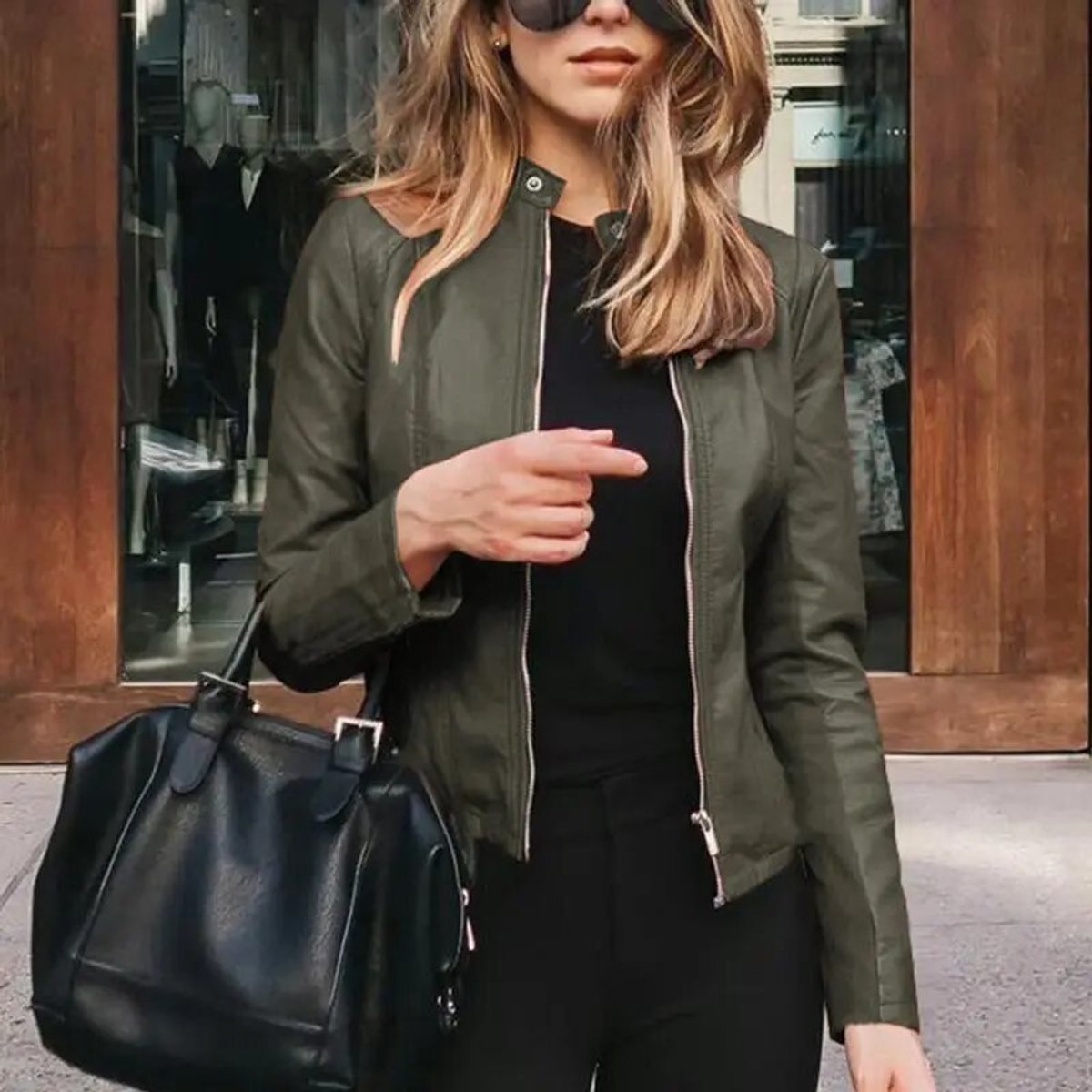 Cropped Stand Collar Faux Leather Zip Jacket