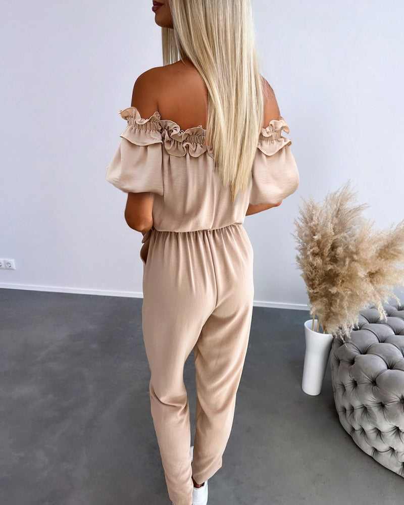 Off-Shoulder Frill Trim Tie Waist Textured Jumpsuit