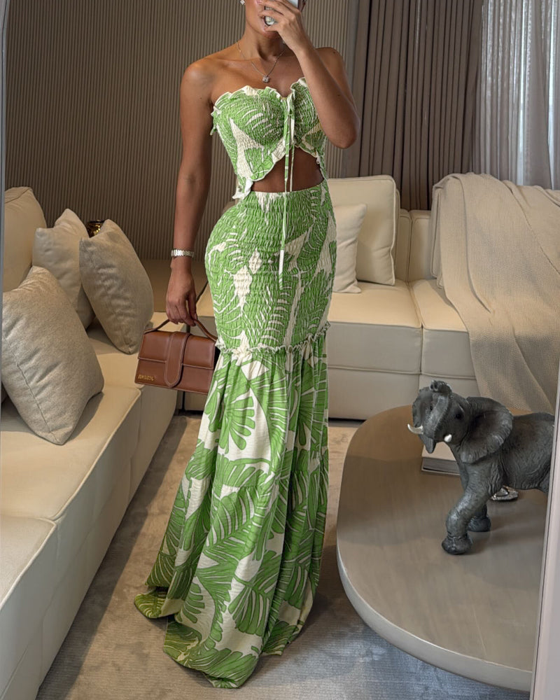 Tropical Print Halter Shirred Mermaid Vacation Dress