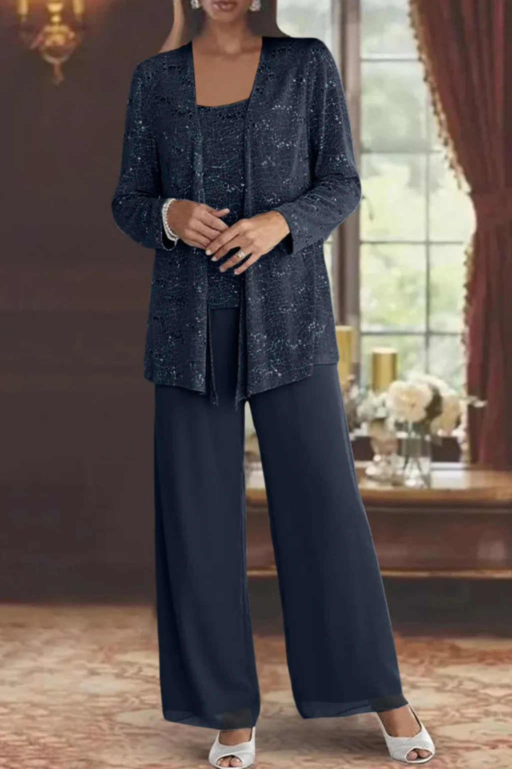 Three-Piece Formal Evening Set with Flowing Silhouette