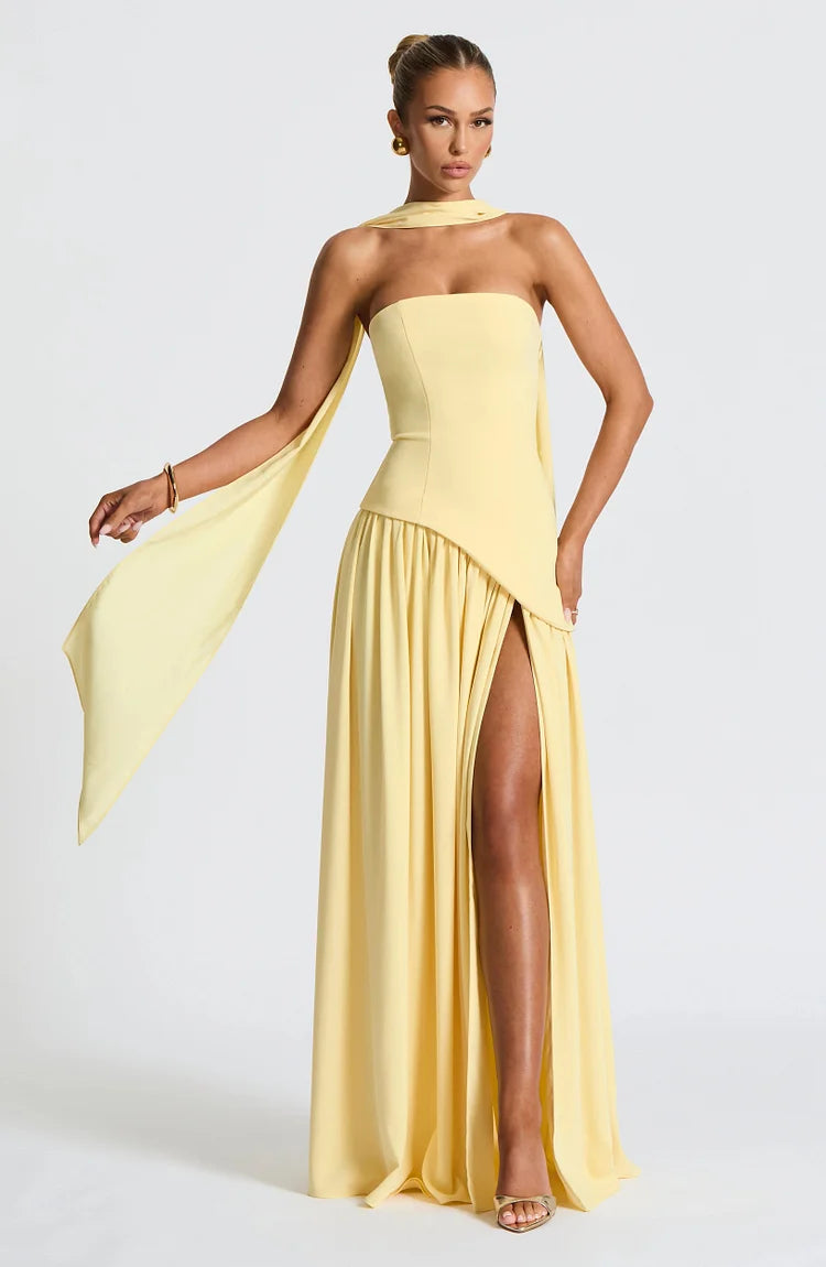 Strapless Asymmetric Hem Chiffon Maxi Dress