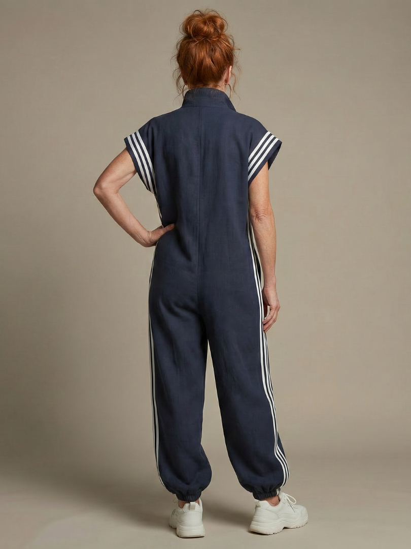 Full Length Zip Front Jumpsuit with Side Stripe Panels