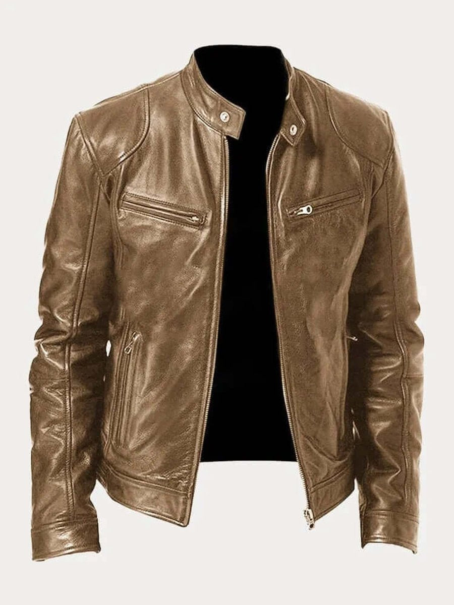 Classic Stand Collar Genuine Leather Biker Jacket