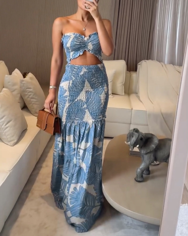 Tropical Print Halter Shirred Mermaid Vacation Dress