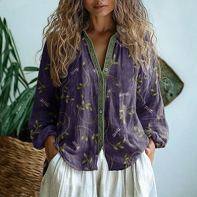 Printed V-Neck Long Sleeve Relaxed Fit Blouse