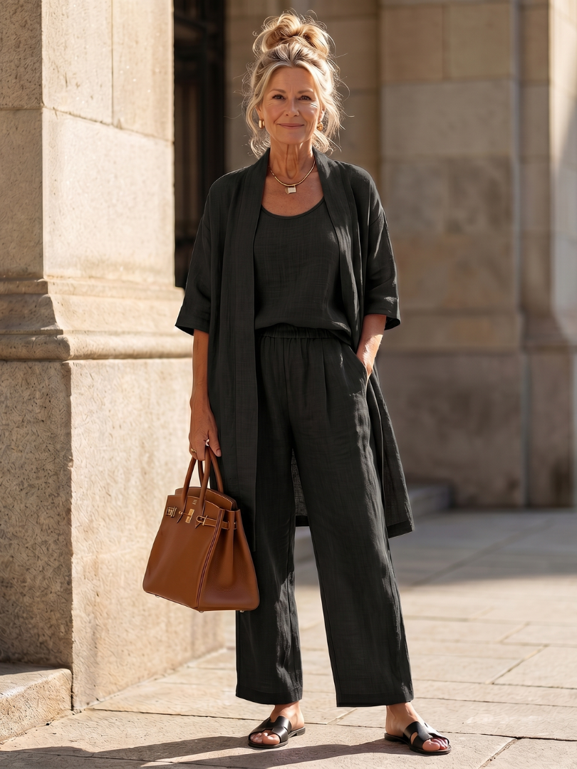 Wide Leg Three Piece Matching Set with Open Front Layer