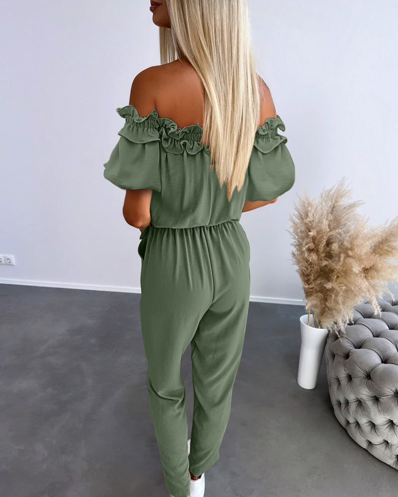 Off-Shoulder Frill Trim Tie Waist Textured Jumpsuit