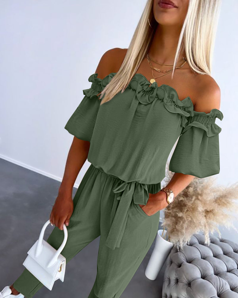 Off-Shoulder Frill Trim Tie Waist Textured Jumpsuit