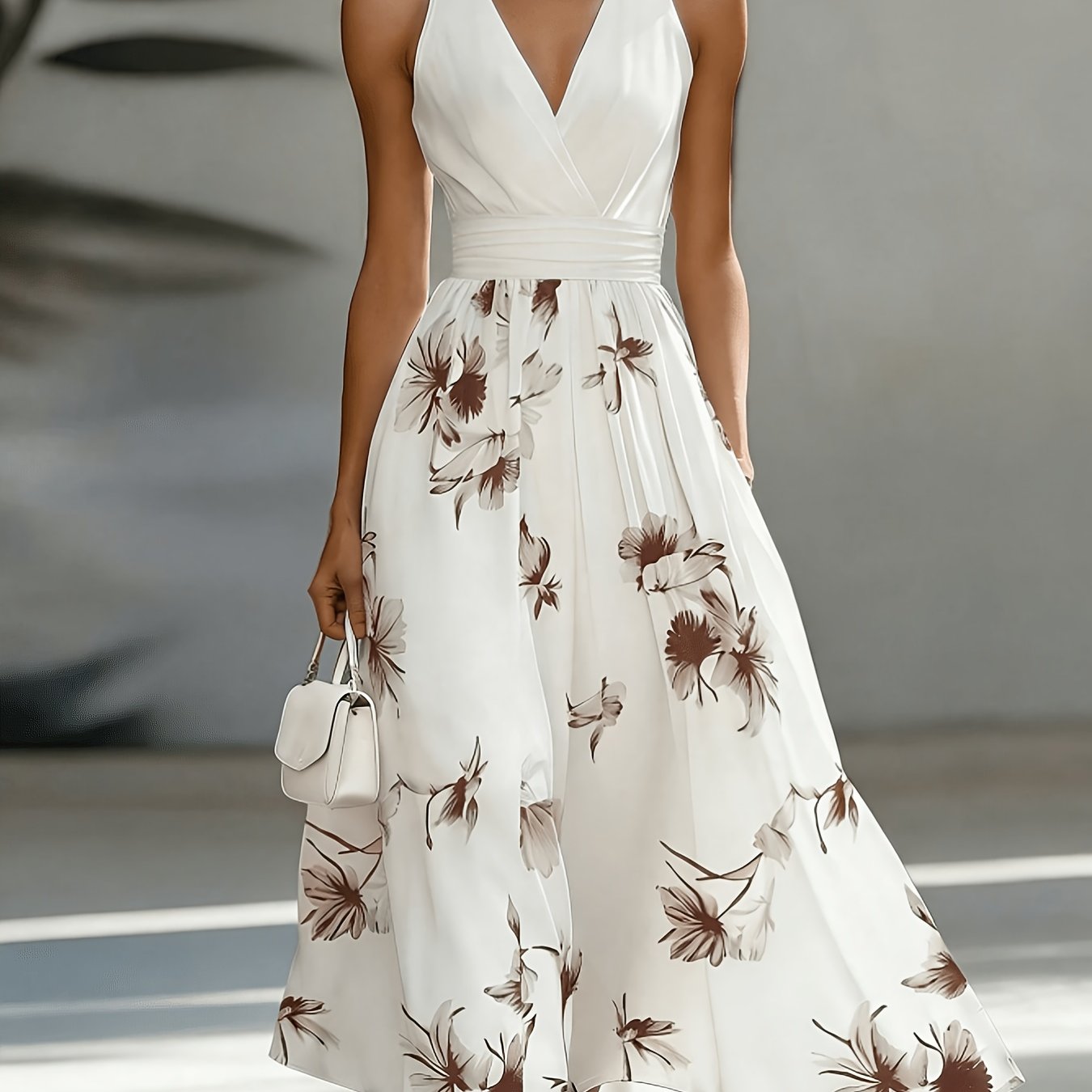 Backless Floral Patchwork Ruched Flared Maxi Dress