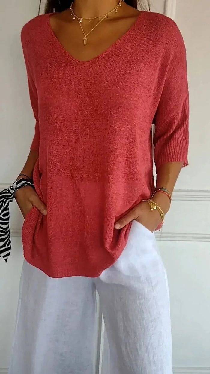 V-Neck Knit Top With Relaxed Fit
