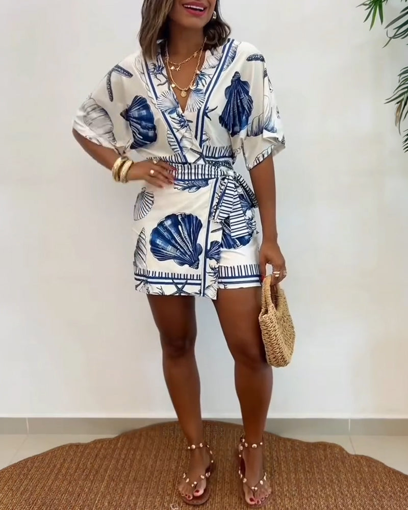 V-Neck Batwing Sleeve Wrap Knot Vacation Romper