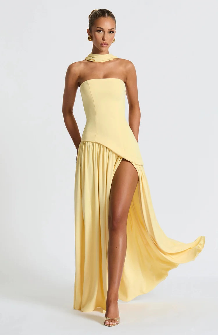 Strapless Asymmetric Hem Chiffon Maxi Dress