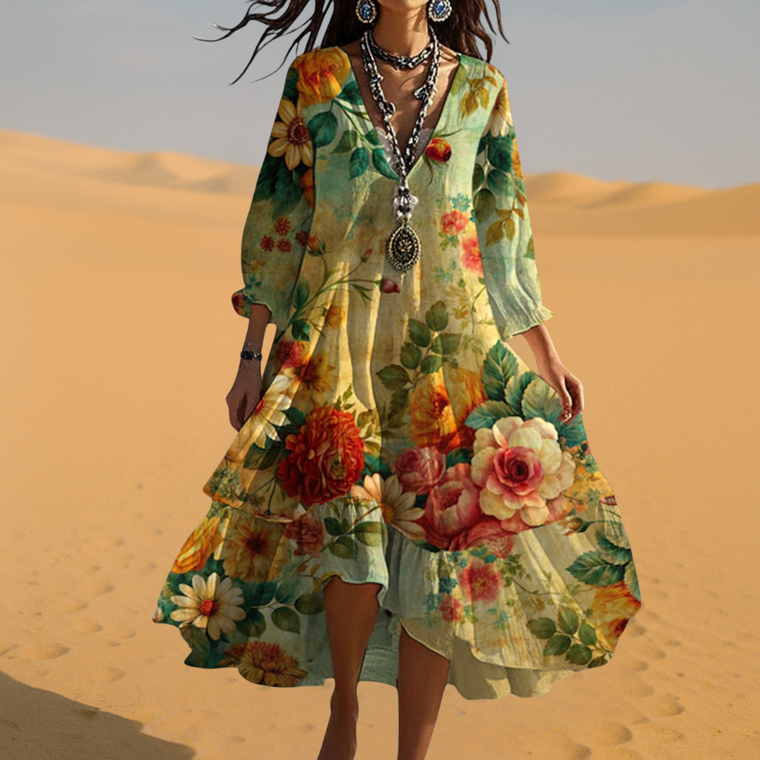 Floral Print Tiered Midi Dress V-Neck Three-Quarter Sleeve