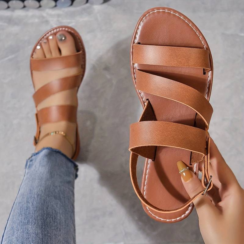 Women's Three-Strap Vegan Leather Flat Sandals