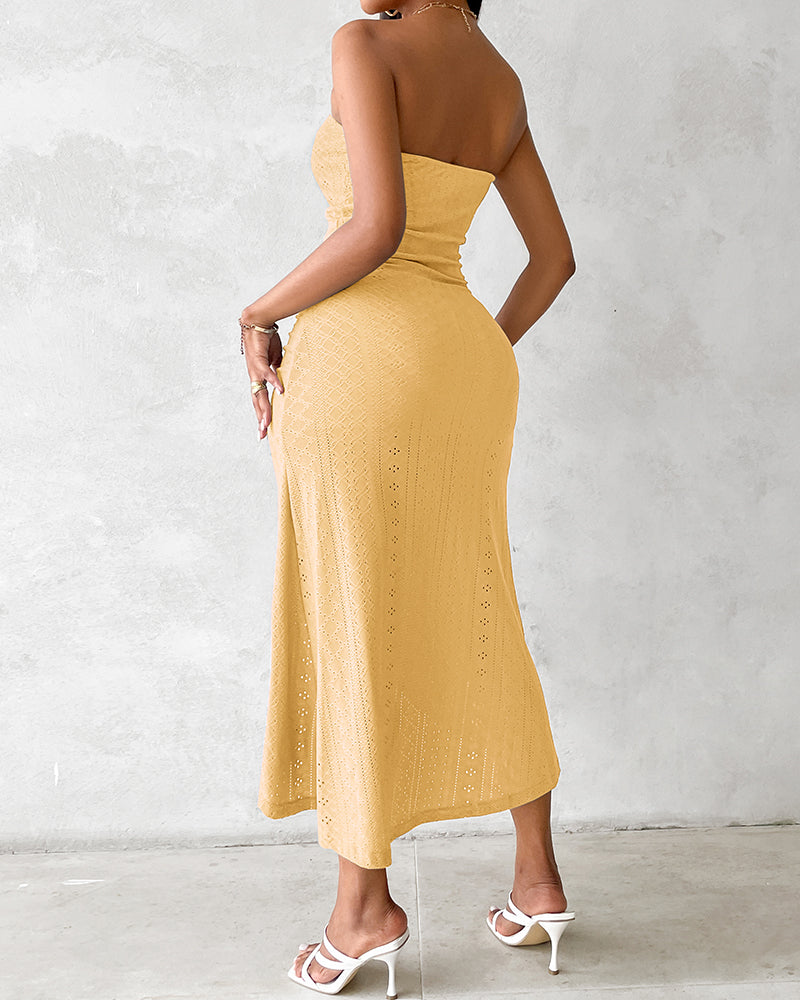 Ruched Bandeau Maxi Dress With Eyelet Embroidery