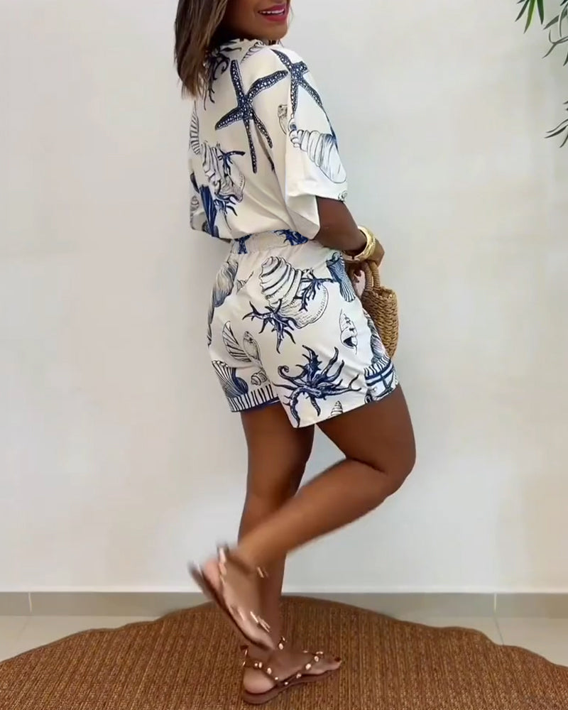 V-Neck Batwing Sleeve Wrap Knot Vacation Romper