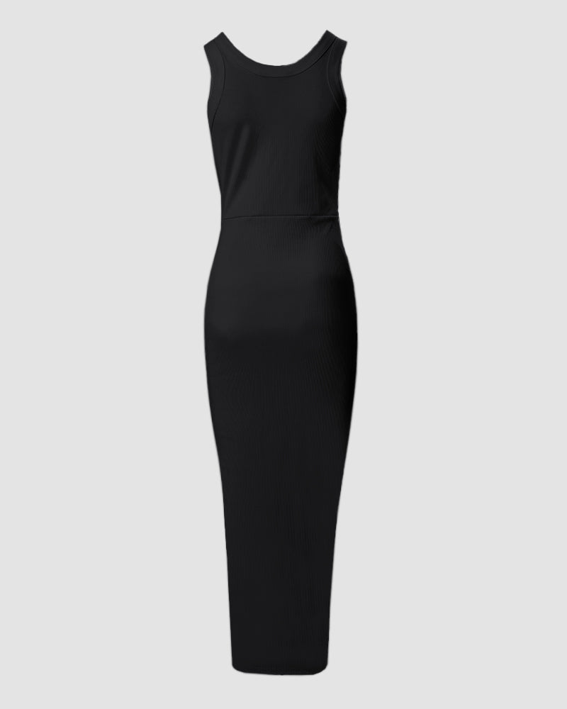 Sleeveless Ribbed Ruched Bodycon Maxi Tank Dress