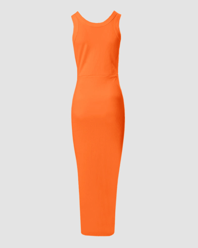 Sleeveless Ribbed Ruched Bodycon Maxi Tank Dress