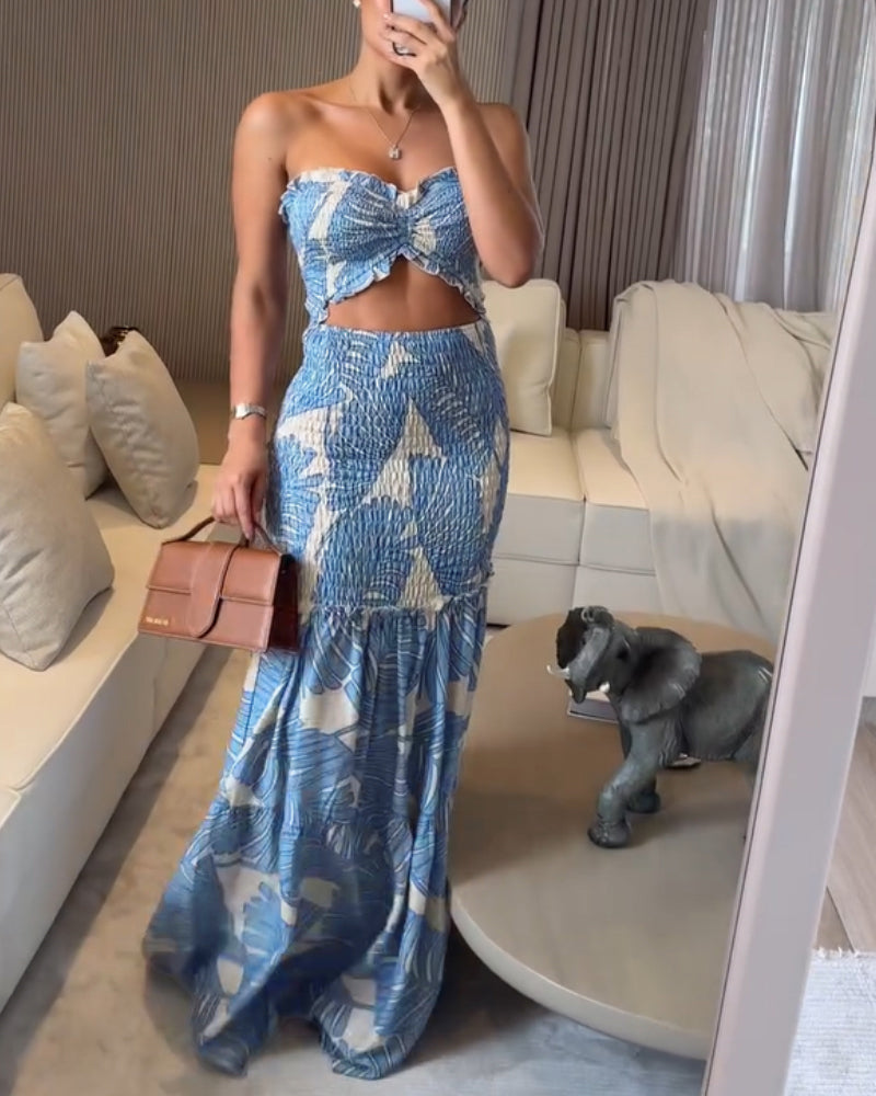 Tropical Print Halter Shirred Mermaid Vacation Dress