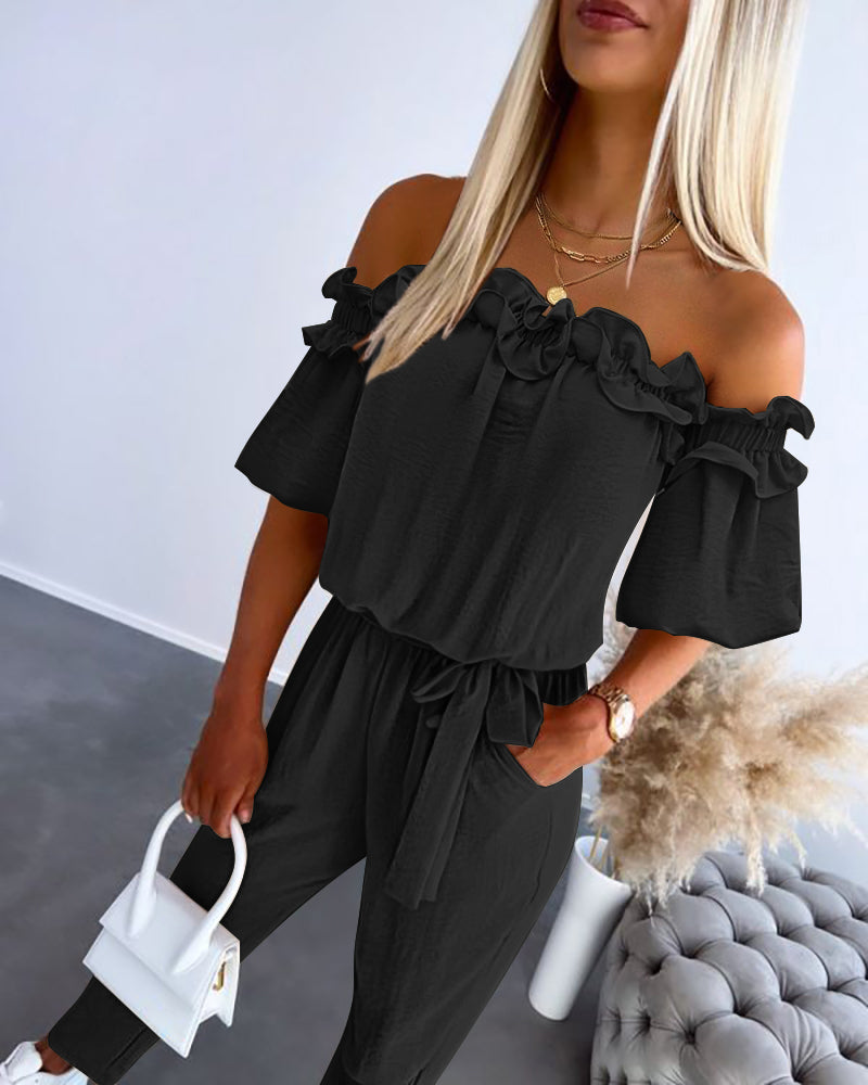 Off-Shoulder Frill Trim Tie Waist Textured Jumpsuit
