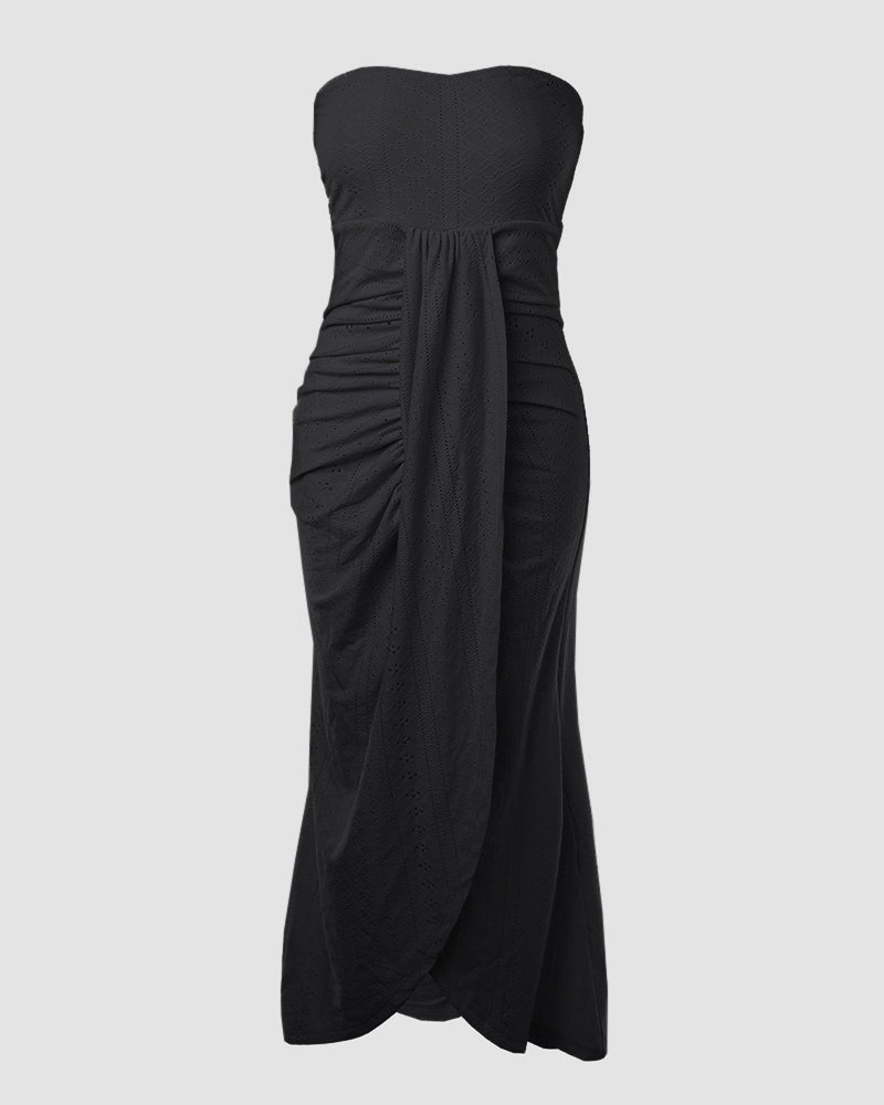 Ruched Bandeau Maxi Dress With Eyelet Embroidery